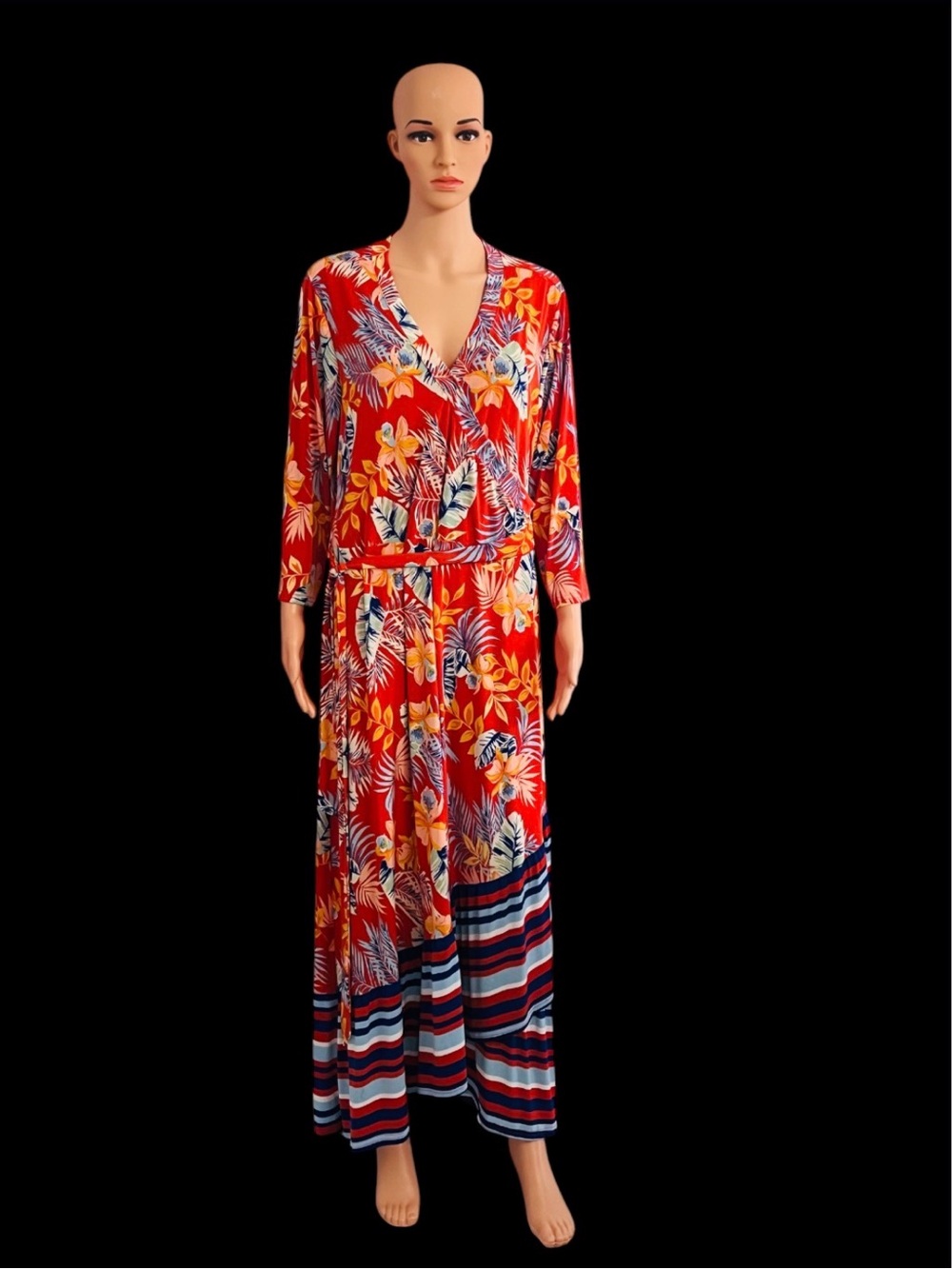 Mlle Gabrielle Floral Red Wrap Maxi Dress with Striped Hem SZ 2X